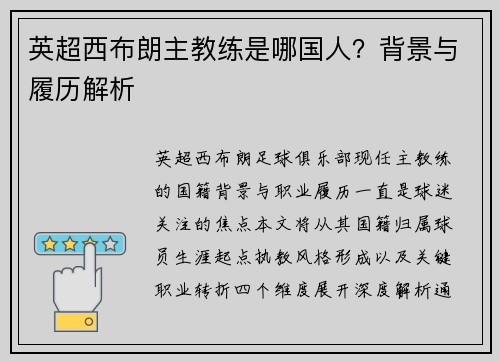 英超西布朗主教练是哪国人？背景与履历解析