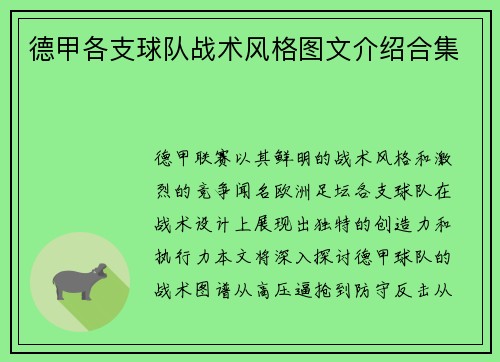 德甲各支球队战术风格图文介绍合集